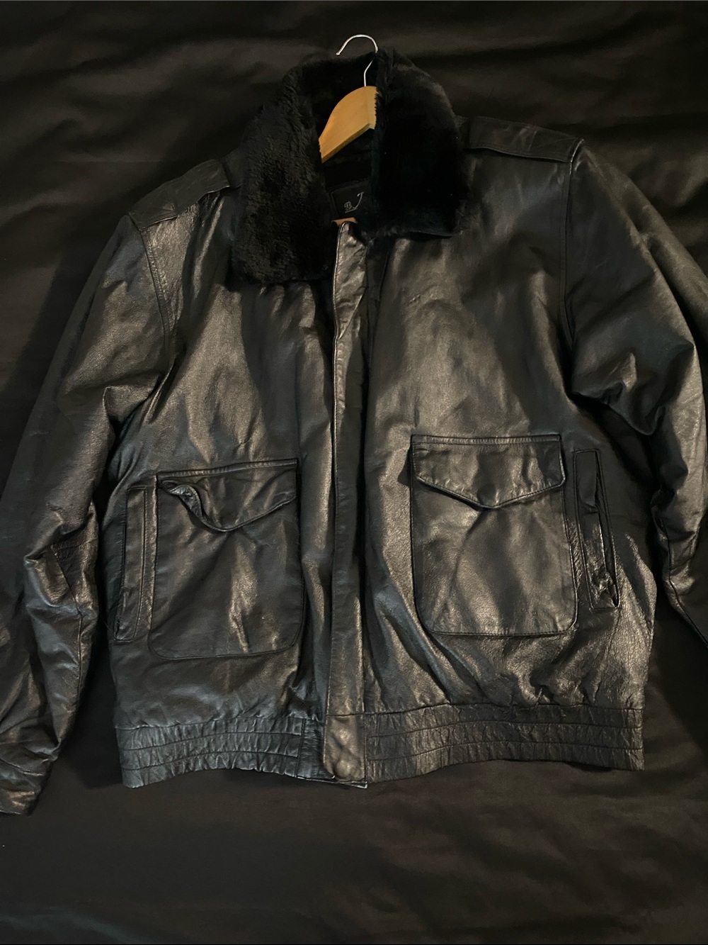 Men's Black Leather Bomber Jacket with Faux Fur Collar (ZIPPER DOESN’T WORK)